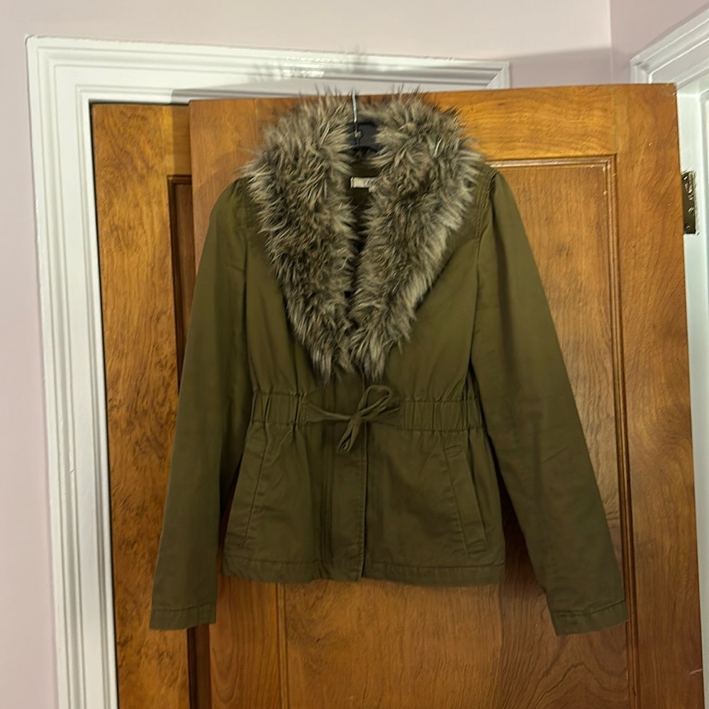 Ann Taylor Loft Olive Green Faux Fur Cargo Utility Jacket